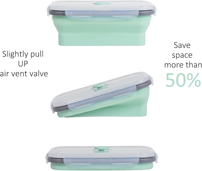 Collapsible Food Storage Containers with Lids & Vent, 27 oz, Kitchen Stacking Silicone Collapsible Meal Prep Container Set for Leftover, Microwave Freezer Dishwasher Safe, Mint Green, 4 Pack - Image 3