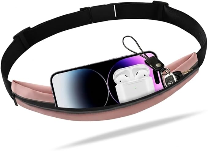 Slim Running Belt for Women and Men, Waterproof Phone Holder for Running, Reflective Waist Pack for Storing Runner’s Essentials Safely, Runner’s Fanny Pack, Money Belt Fits Most Phones (Light Pink) by Unknown