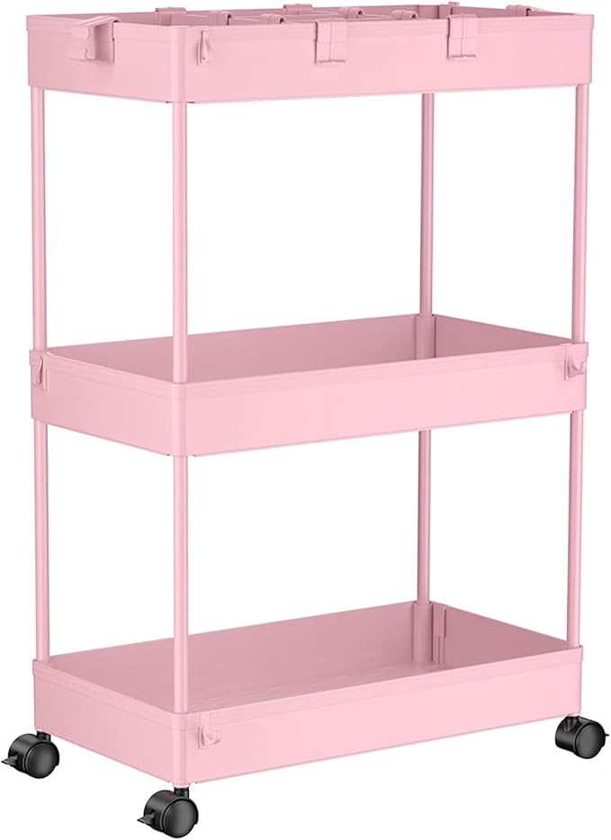 3 Tier Rolling Cart with Wheels, Storage Craft Art Trolley Organizer Serving, 3 Hanging Baskets Easy Assembly, for Office, Living Room, Kitchen, Pink - Image 7