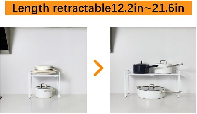 2 Pack Expandable Cabinet Shelf Organizer Riser for Kitchen Pantry Cupboard Under Sink Countertop (2 pack 8.2’’D * 12.2-21.6’’W * 10.4’’H) (white) - Image 4