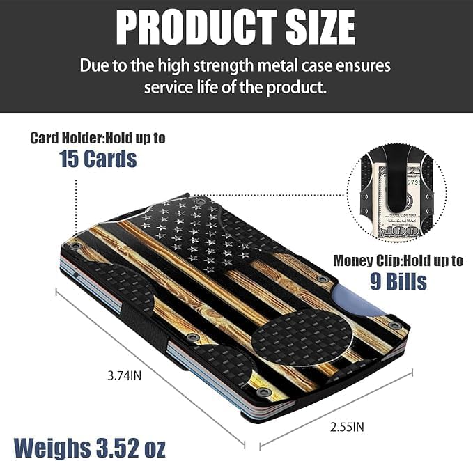 Wood Grain American Flag Slim Aluminum Minimalist Wallet for Men | RFID Metal Wallet, Scratch Resistant & Seamless, Credit Card Holder & Money Clip, Holds up 12 Cards and Cash, Ideal Man Gift - Image 3