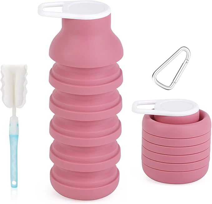 Collapsible Silicone Water Bottle - 20oz Foldable, Leakproof, BPA-Free - for Gym, Travel & Daily Use (Pink) by BMLFOH