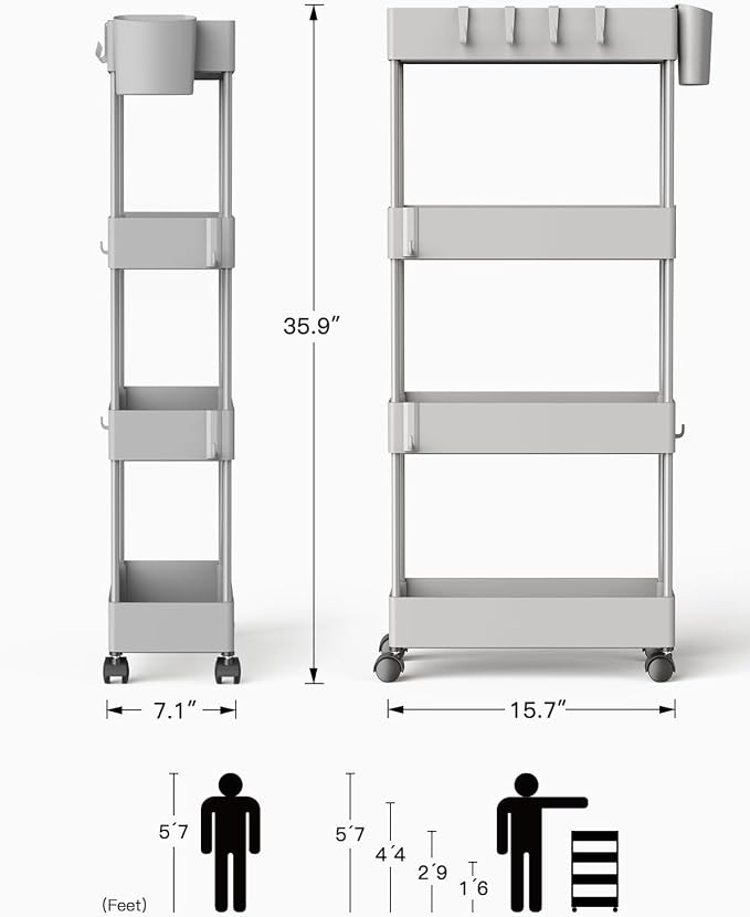 Pipishell 4 Tier Slim Storage Cart with Wheels, Laundry Cart, Gray | 7.1 Inches Wide – Fits Narrow Spaces, Storage Cup and 6 Hooks, Ventilation Holes, Durable ABS Material, Detachable Wheels - Image 8