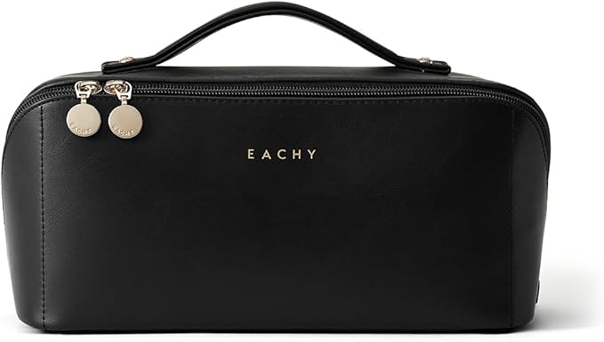 EACHY Travel Makeup Bag for Women, PU Leather Cosmetic Bag, Black, Large | Water-resistant PU leather exterior with flat-open access, clear TPU brush compartment and organized storage for cosmetics - Image 5
