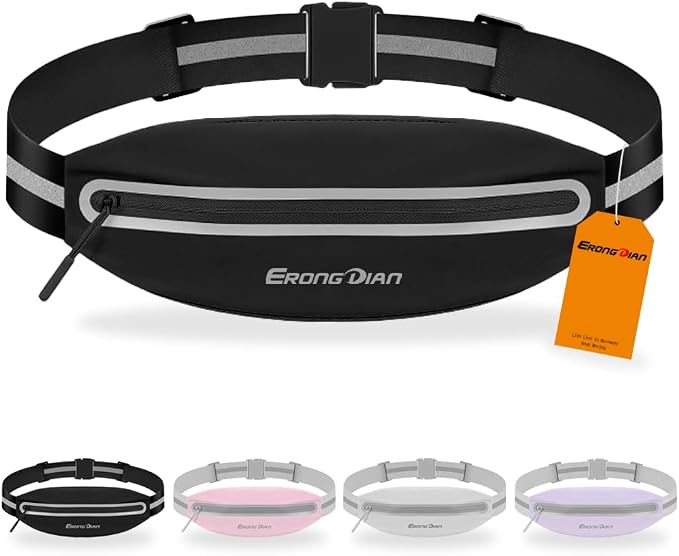 Slim Running Belt, Water Resistant Fanny Pack for Men Women Black | Ultra-Light, Widened Elastic Adjustable, No Bounce, Reflective Strip, Small Waist Pack Cell Phone Holder, Fit for All Phones by ERONGDIAN