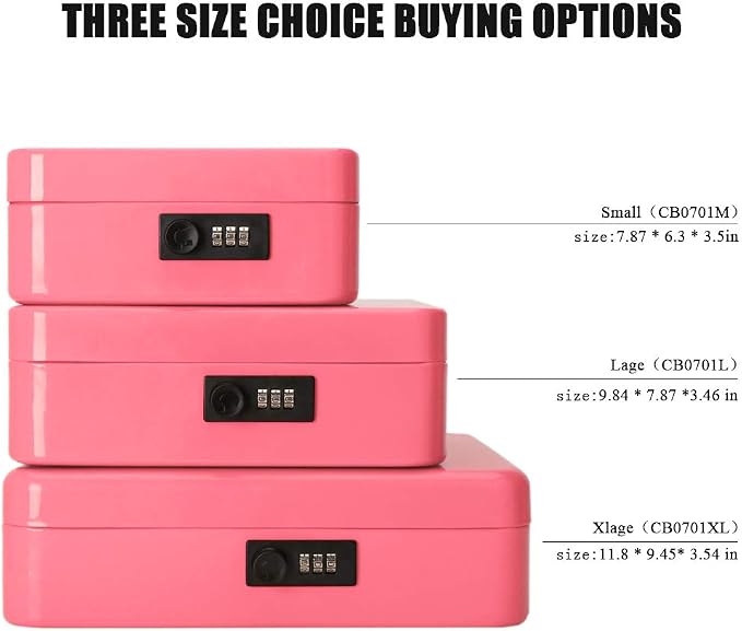 Jssmst Large Cash Box with Combination Lock - Durable Metal Cash Box with Money Tray Pink (9.8 x 7.9 x 3.5), SM-CB07004L, SM-CB014 - Image 5