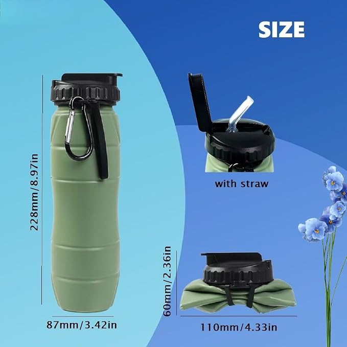 Collapsible Water Bottles 22oz with Straw 2Pack Travel (Green+Camo green) | 650ml Silicone,Foldable Portable,Leakproof,Ultra-light，BPA Free,for Traveling Camping Hiking Cycling Sports Outdoor - Image 3