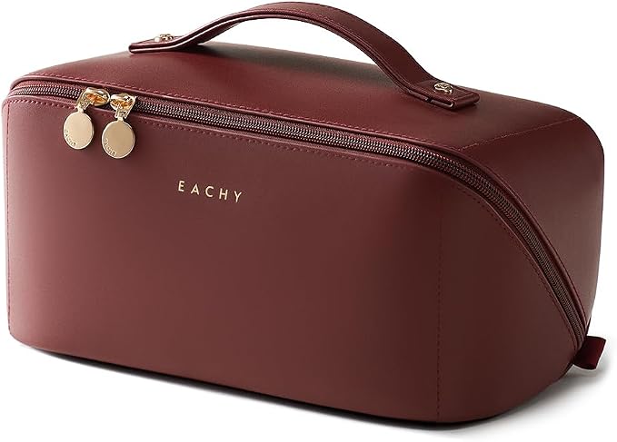 EACHY Travel Makeup Bag for Women, Flat Open Cosmetic Case, Red, Large | PU leather organizer with flat-open access, storage pockets and clear TPU brush compartment for daily makeup and toiletries by EACHY