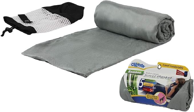 Extra Large Airplane Travel Blanket for Your Flight, Car, Camping, Home or Comforting Warmth Anywhere! Includes Warm Cozy Pockets for Your Feet and a Travel Bag - Charcoal by Cl%C3%B6udz