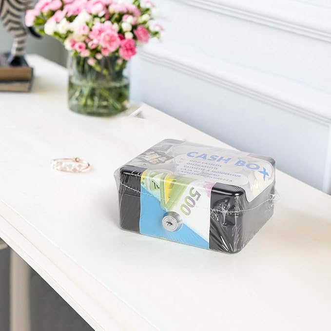 Jssmst X-Small Cash Box with Lock - Money Saving Box for Cash Coins, Small Lock Box for Medication Personal Items, 4.92'' x 3.94'' x 2.28'', Black - Image 6
