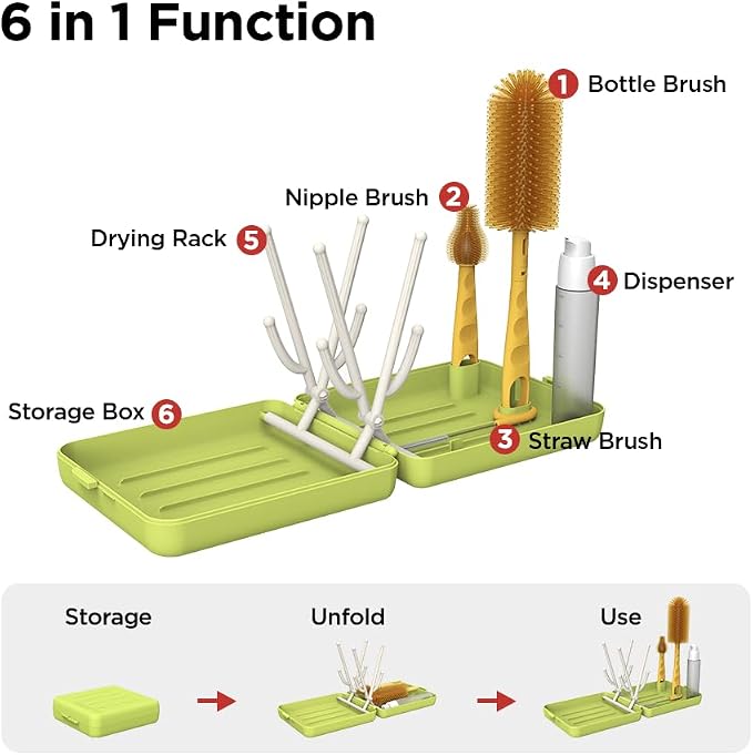 Travel Bottle Cleaner Kit with Foldable Bottle Drying Rack, Green | Auto-Open Rack & Vertical Brushs Drying Slots, 3 Silicone Brushes, Foldable Drying Rack, Dispenser, BPA Free. - Image 3