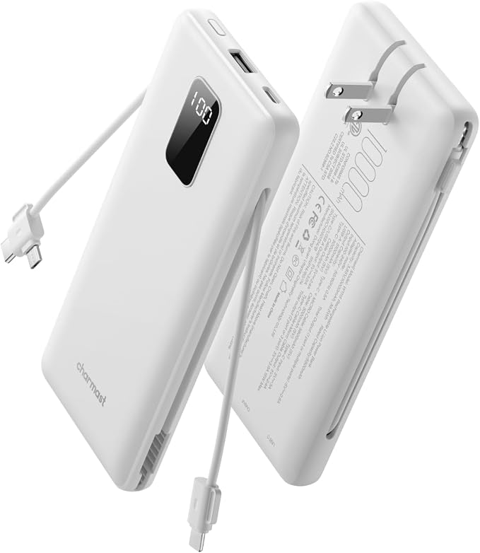 charmast Portable Charger Power Bank 10000mAh with Built-in AC Wall Plug | Built-in Cables,5 Outputs,Flight-Safe,Slim Travel Phone Charger for iPhone 17 14,Samsung Galaxy,iPad,Android,Smartwatch,etc by charmast