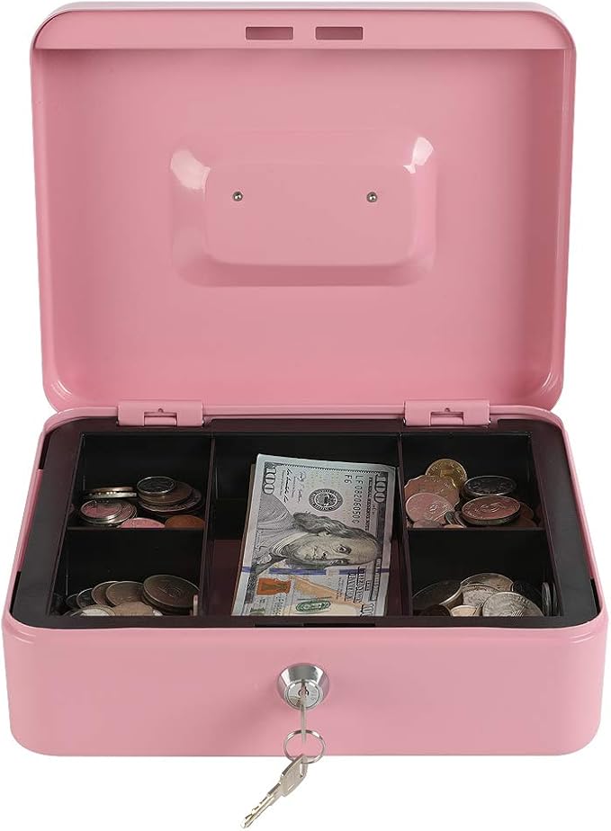xydled Large Cash Box with Lock, Removable Coin Tray, Steel Money Box, Pink | Steel Cash Box with Key Lock, Removable Tray & Carry Handle, for Office, Retail, Home, and Money Storage, 9.8"x 7.8"x 3.5" - Image 3
