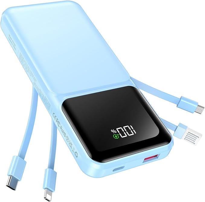 Portable Charger with Built in Cable 20000mAh Fast Charging | Power Bank USB C Slim 22.5W LED Display Battery Pack 5 Outputs & 3 Inputs for Travel Essentials iPhone Phones Sky Blue by RONEGN