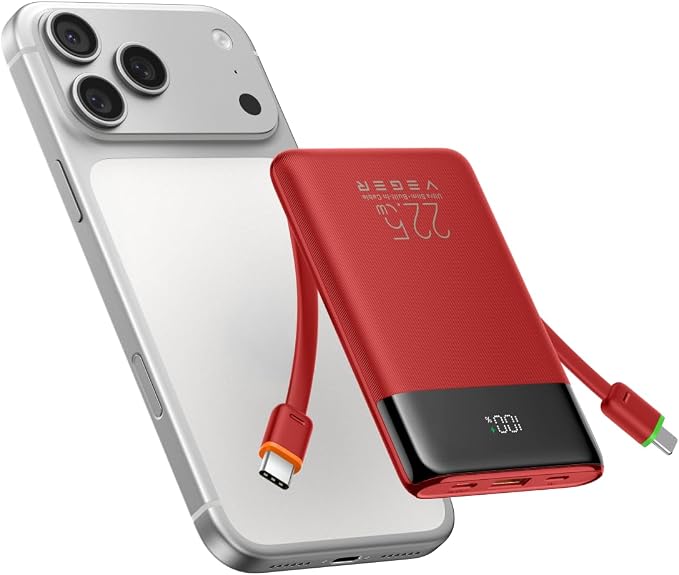 VEGER 10000mAh 22.5W Fast Charging Portable Charger with Built-in Cables | 0.4lb Slim USB C Power Bank, Small Battery Pack for iPhone 17/16/15/14/13/12 iPad Samsung, Flight Safe, Travel Essential, Red by VEGER
