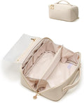 EACHY Travel Makeup Bag for Women, PU Leather Cosmetic Bag, White, Medium | PU leather organizer opens flat with two TPU brush pockets and divided storage for makeup, skincare, toiletries and travel by EACHY