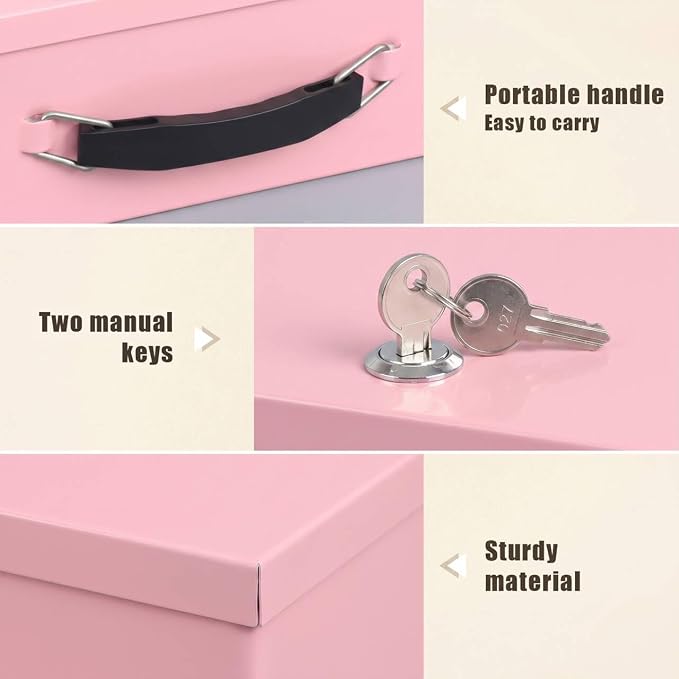 xydled Fireproof Document Box with Key Lock, Fire Safe Box, Pink | Fire and water resistant lock box for documents, passports, cash and valuables, keeping secure at home, 12.8 x 8.5 x 4.5 Inch - Image 3