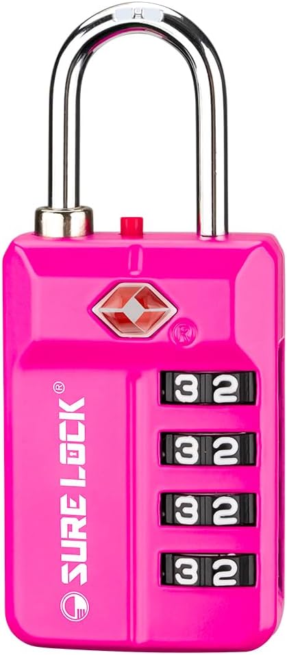 SURE LOCK TSA Approved 4-Digit Luggage Lock, Resettable Combination, Red Dot Open-Alert (Resets Only with Code), Easy-Read Black/White Dials, Hardened Shackle, Zinc Alloy (Pink 1 Pack) by Hopeyoucanstaysafe