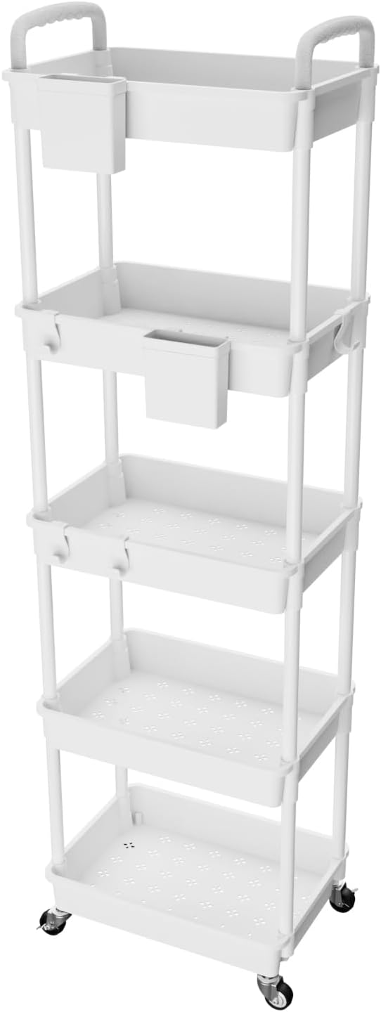 5 Tier Rolling Utility Cart with Handle,REBECAT Utility Cart Made of Multifunctional Storage Organizer Tool for Kitchen,Bathroom,Living Room,Office(White) by REBECAT