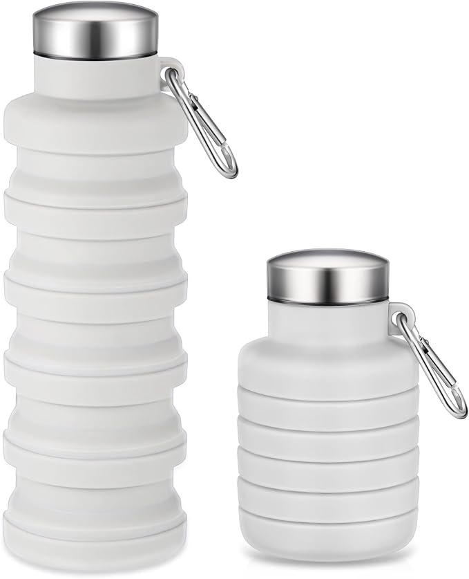 Baderke Collapsible Water Bottles 17oz Travel Sports Portable Water Bottle with Portable Buckle Silicone Lightweight Reusable Leakproof for Camping Hiking Yoga Outdoor(Gray White) by Baderke