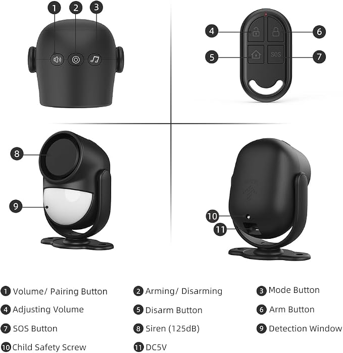 125dB Loud Motion Sensor Alarm with 328ft Remote Control (40ft PIR Detector, 3*AA Batteries), Indoor Wireless Infrared Security Motion Detector with Siren for Home/Shed/Garage/Van (Black) - Image 4
