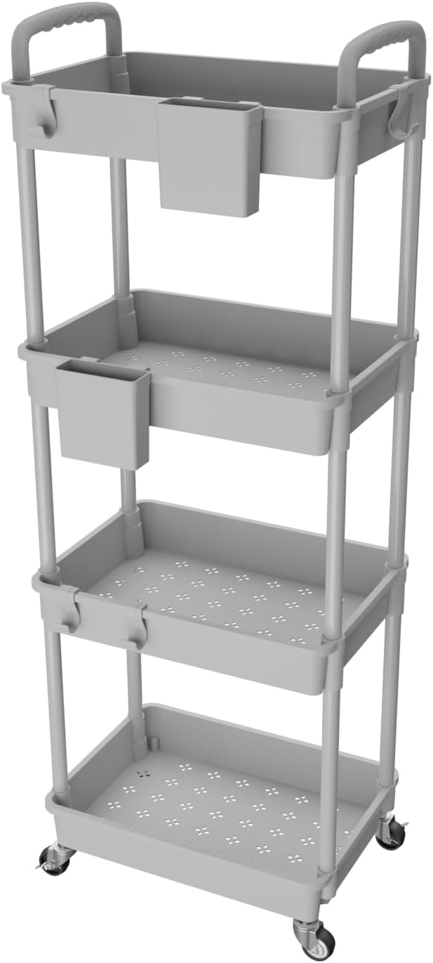 4 Tier Rolling Utility Cart with Handle,REBECAT Utility Cart Made of Multifunctional Storage Organizer Tool for Kitchen,Bathroom,Living Room,Office(Gray) by REBECAT