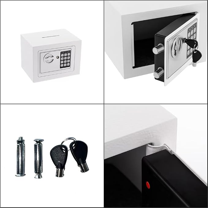 Small Safe Box With Digital Keypad & Keys - 9.05 x 6.7 x 6.7 Inches Wall Safe 0.23 Cuft Mini Security Lock for Coin Home Office Hotel Rooms Business Jewelry Gun (White) - Image 6
