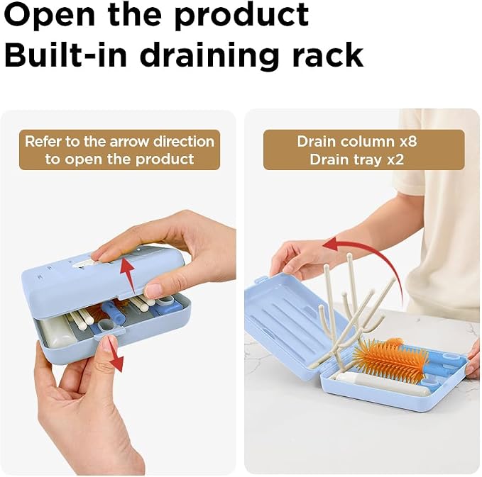 Travel Bottle Cleaner Kit with Foldable Bottle Drying Rack, Blue | Auto-Open Rack & Vertical Brushs Drying Slots, 3 Silicone Brushes, Foldable Drying Rack, Dispenser, BPA Free. - Image 4