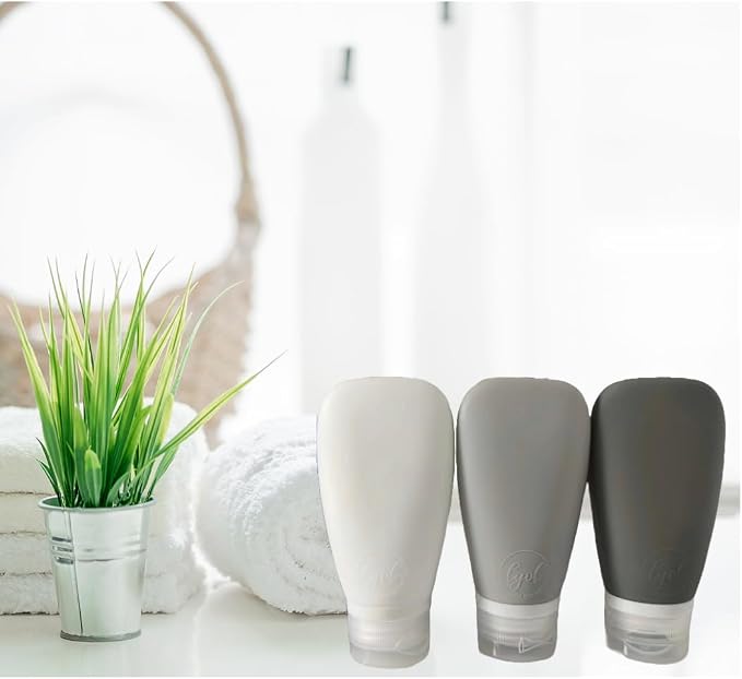 Travel Bottles for Toiletries, TSA Approved 3oz (90ml) Leak Proof Silicone Refillable Squeeze Travel Size Containers BPA Free for Cleansers, Lotions, Shampoo 3-pk (Black-Gray-White) - Image 2
