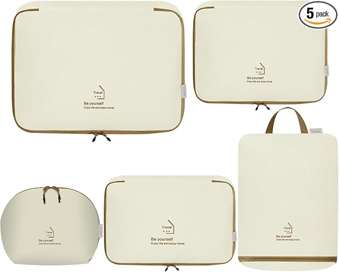5 Set Packing Cubes for Travel, Various Sizes Luggage Organizer Bags with Double Zipper, Durable Space Saver Bags Travel Essentials (5 Set, Beige) by DSDCDJ