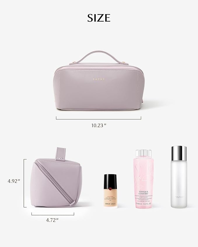 EACHY Travel Makeup Bag for Women, Flat Open Cosmetic Bag, Purple, Large | Flat-open cosmetic organizer with pockets and clear TPU brush compartment for makeup, toiletries and travel essentials - Image 6