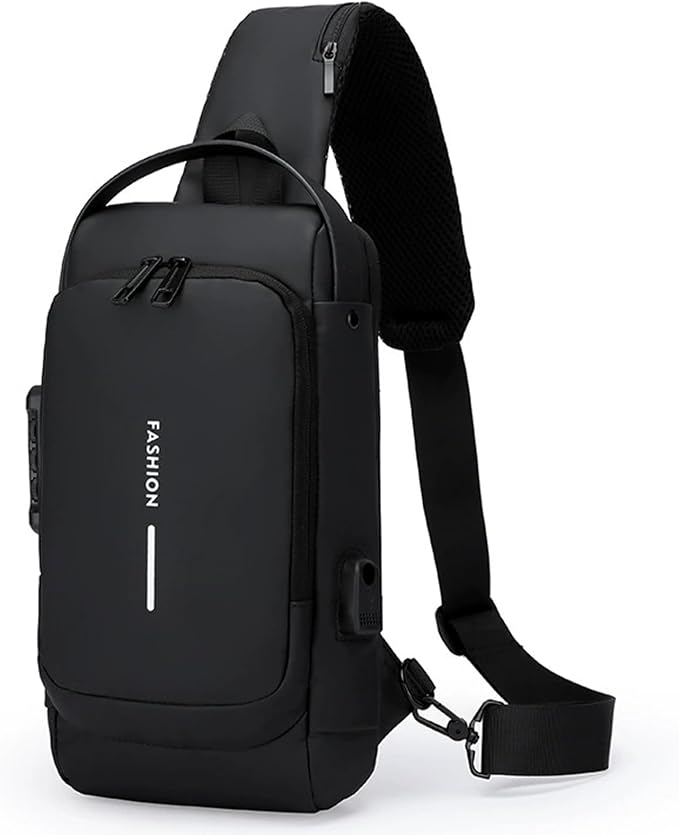 Anti-Theft Sling Bag for Men Waterproof Crossbody Bag with Combination Lock & USB Charging Port Lightweight Chest Backpack for Travel Hiking (All Black) by VENSIVY