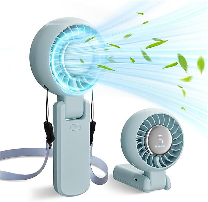 ZOZOO Portable Fan, USB Rechargeable 194°Folding Handheld Fan,5 Speed&LED Display &High Power Motor Table Fan, 3 IN 1 Quiet Strong personal Neck fans for Travel,Camping,Beach (Blue) by ZOZOO