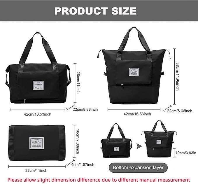 Large Capacity Folding Travel Bag, Lightweight Waterproof Luggage Bag, Expandable Travel Duffel Bag, Dry Wet Separated Gym Tote Bag, Weekender Overnight Bag for Women and Man (Black) - Image 4