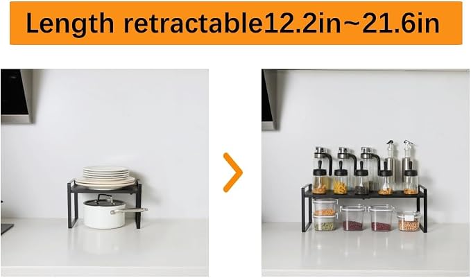 2-Pack Expandable Shelf Organizer for Kitchen Countertop, kitchen organizers and storage，under sink expandable shelf organizer (black, 8.2’’D * 12.2-21.6’’W * 7.7’’H) - Image 4