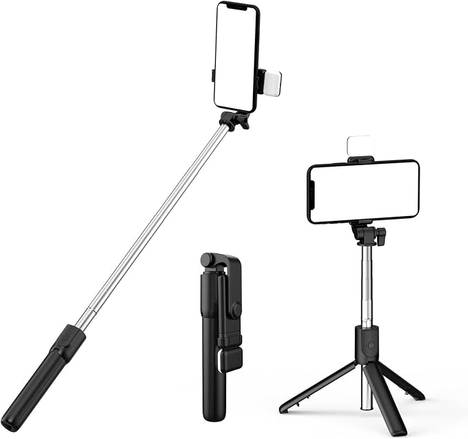 PINHEN Selfie Stick Tripod with Light, Extendable 360° Rotation Tripod Stand with Detachable Wireless Remote 3 in 1 Portable Mobile Phone Holder Compatible with iPhone Android Sansung(Black+Light) by PINHEN