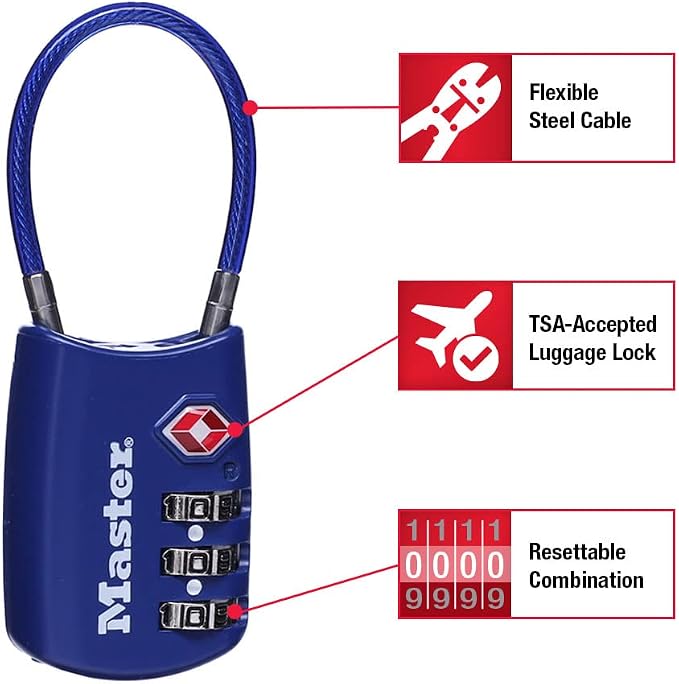 Master Lock TSA Approved Combination Luggage Lock, Blue, 4-Pack 4688BLUEC4 | TSA Accepted Set Your Own Combination Luggage Lock For Suitcases, Backpacks, Travel and Airport Security, 3-digit Lock 4-pack - Image 2