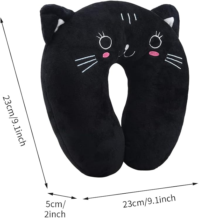 Travel Pillow for Kids, Cute Animal Neck Pillow Support U Shaped Cushion Plush Soft Rest Reading Pillows Sleeping Pillows for Airplane Train Car (Color:Black cat) - Image 2