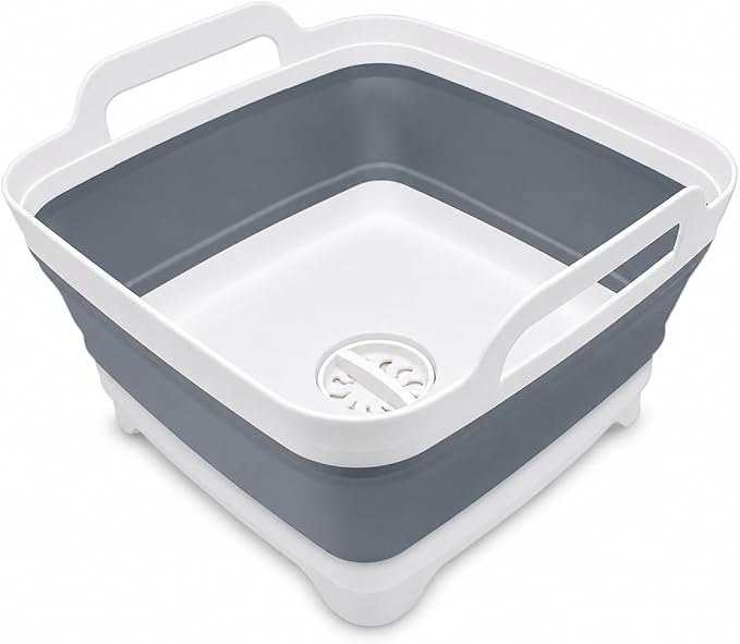 Collapsible Dish Basin with Drain Plug, Foldable Wash Basin 2.4 Gal (9L) | Portable Sink Tub for Kitchen, Baby Bottles, Camping, RV, Vegetable Washing and Beverage Tub, Gray by Goderewild