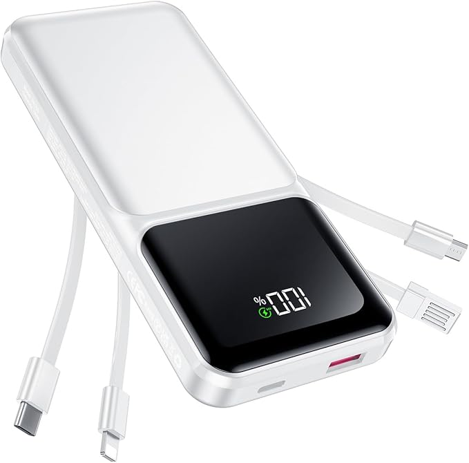 Portable Charger with Built in Cable 20000mAh Fast Charging | Power Bank USB C Slim 22.5W LED Display Battery Pack 5 Outputs & 3 Inputs for Travel Essentials iPhone Samsung Phones White by RONEGN