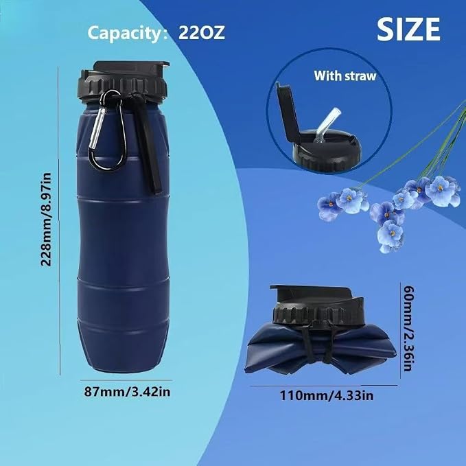 Collapsible Water Bottles 22oz with Straw Travel (Blue) | 650ml Silicone,Foldable Portable,Leakproof,Ultra-light，BPA Free,for Traveling Camping Hiking Cycling Sports Outdoor - Image 3