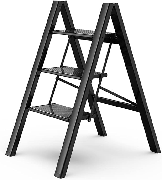 3 Step Ladder, Folding Step Stool with Anti-Slip Wide Pedal | Lightweight, Aluminum Material, 330LBS Load, Portable, Easy Storage, Space Saving, for Kitchen, Bedroom Use, Black by GameGem