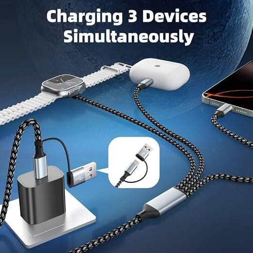 3 in 2 USB A/USB C Cable for iWatch Charger, Multi Charging Cable 2Pack 5FT | Travel Charger for Multiple Devices, Phone Charger Cord Compatible with iWatch Ultra/SE/11-2, iPhone17-6, Pad, Android-5FT - Image 2