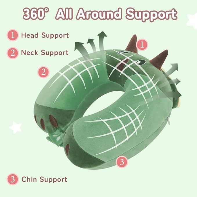 Kids Travel Neck Pillow for Ages 3-8 with Memory Foam, Dinosaur | Removable cover, 13 in neck size, machine washable, hidden zipper, head and chin support, car seat and airplane use - Image 4