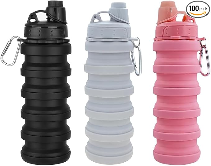 Collapsible Water Bottles 3 Pack 500ml Black+Light Grey+Pink | Travel Sports Portable Water Bottle Reusable Water Bottles silicone Water-proof camping water bottle. by Dontinhu