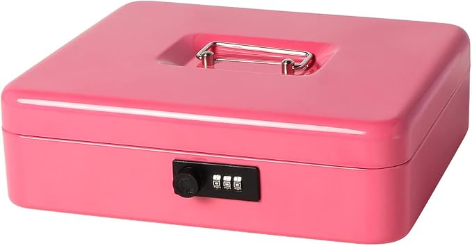 Jssmst Large Cash Box with Combination Lock - Durable Metal Cash Box with Money Tray, Pink, 11.81 x 9.84 x 3.46 inches, CB0705XLN by Jssmst