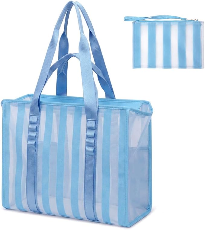 MOMINSIDE Beach Bags for Women Mesh Beach Bag - Large Grocery & Beach Tote Bag with Zipper, 2 Insulated Pocket, Hat & Towel Clips, Foldable Swim Bag Pool bag for Toys, Towels & Vacation Essentials by MOMINSIDE