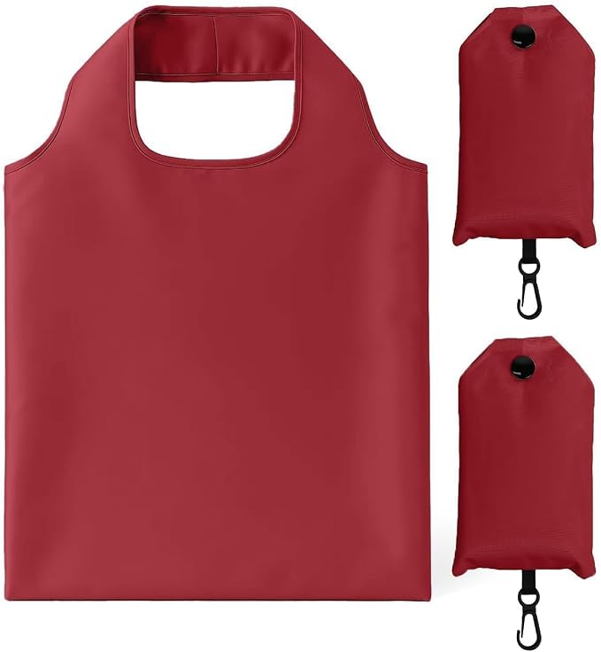 2 Pack Foldable Shopping Bag, Reusable Grocery Tote Bag, Wine Red | Waterproof Nylon, 35 Pounds Weight Capacity, Pocket Size Carrier by Unknown