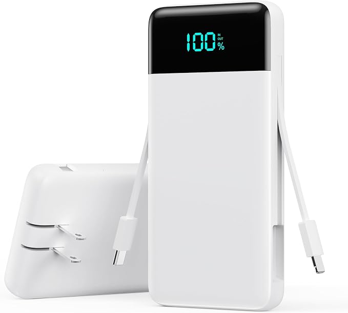 Portable Charger with Built-in AC Plug and Cables,13800mAh All in One USB C Fast Charging Power Bank,Travel Essentials Portable Phone Charger Battery Pack for iPhone 17/16/15/14,Galaxy,Android-White by YHO