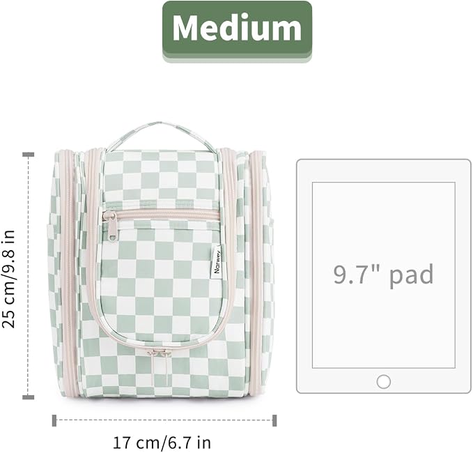 Narwey Hanging Travel Toiletry Bag for Women, Travel Bag for Toiletries, Checkered Makeup Bag Organizer, Cosmetic Make Up Bags for Travel Size Essentials, Skincare, Brushes (Mint Green Checkerboard) - Image 7